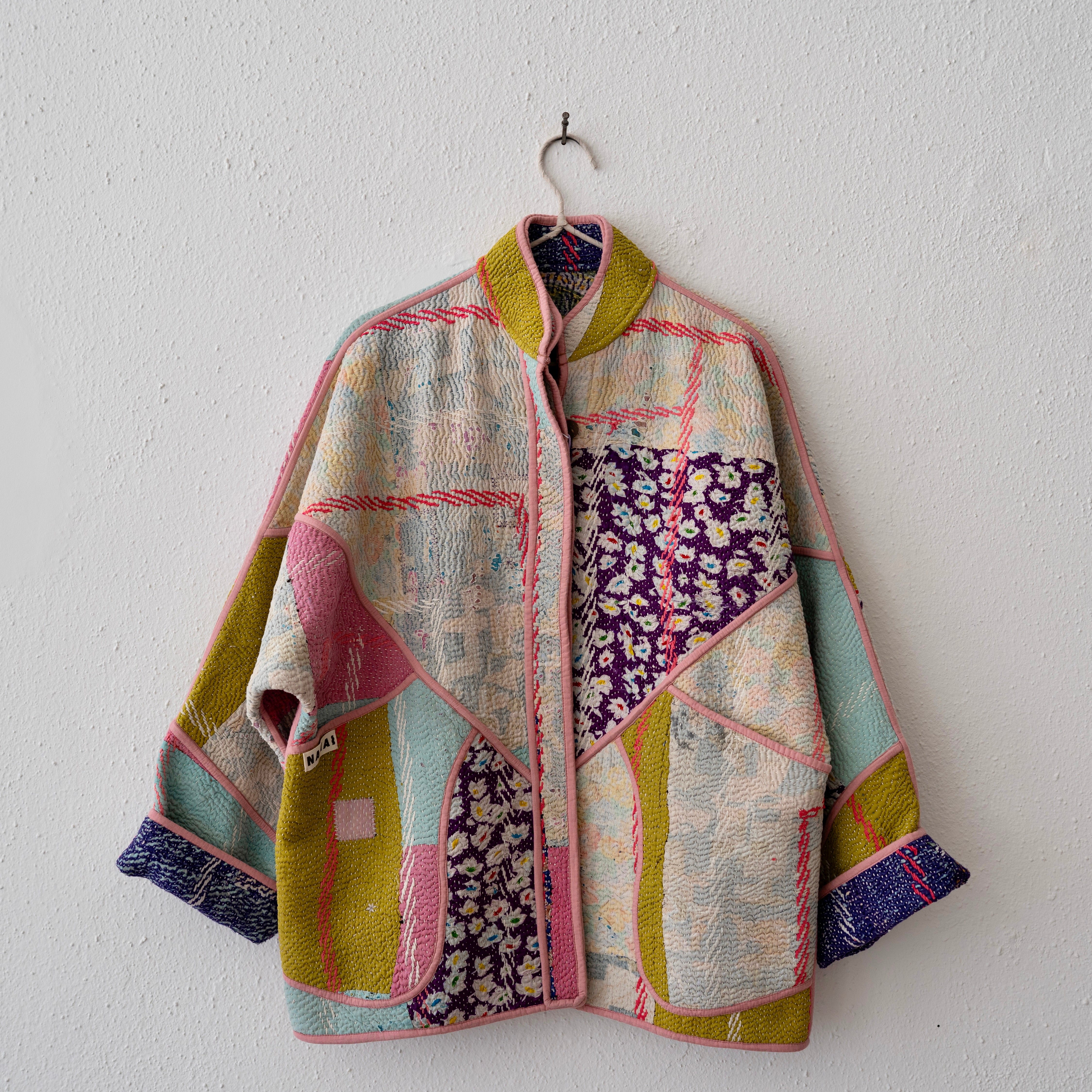 Namai Ladhiya Quilted Mix Match Kantha Jacket: Chartreuse, Sky, Purple