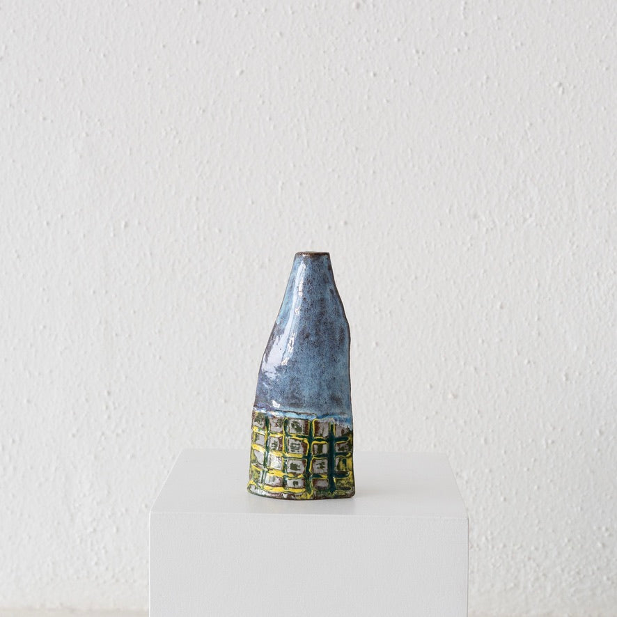 Jo Ann Williams Flat Textured Bottle / Vase: Blue, Green + Yellow