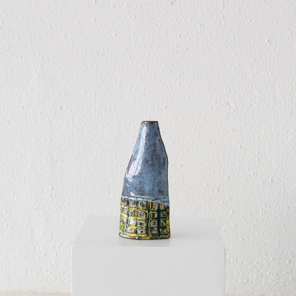 Jo Ann Williams Flat Textured Bottle / Vase: Blue, Green + Yellow