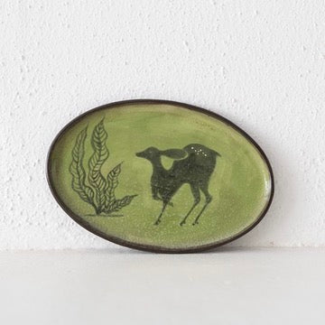 Jo Ann Williams Painted Green Ceramic Deer Tray