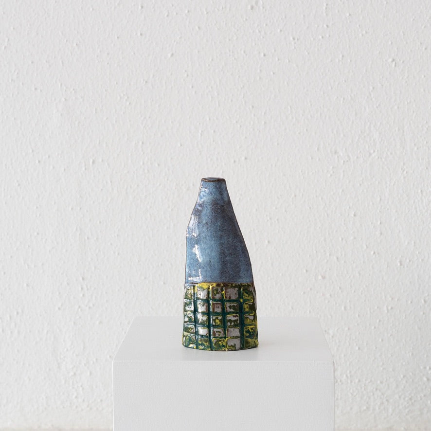 Jo Ann Williams Flat Textured Bottle / Vase: Blue, Green + Yellow