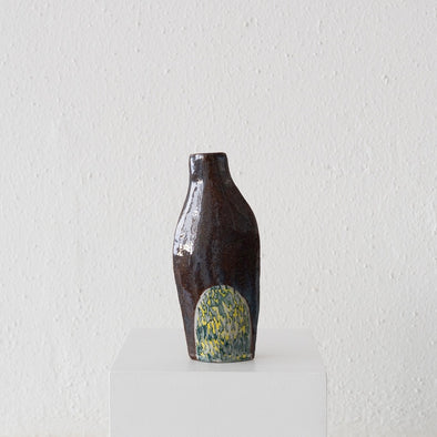Jo Ann Williams Flat Textured Bottle / Vase: Chocolate, Yellow + Teal