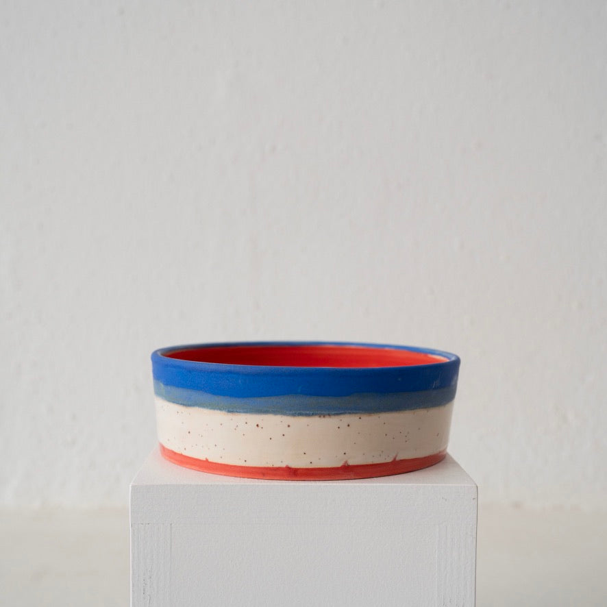 Jo Ann Williams Ceramic Dog Bowl - Red + Blue + Cream