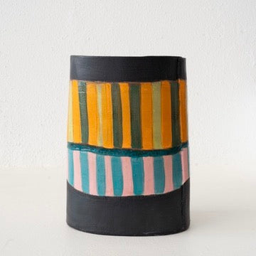 Jo Ann Williams Large Striped Vessel: Black, Teal, Orange, Pink