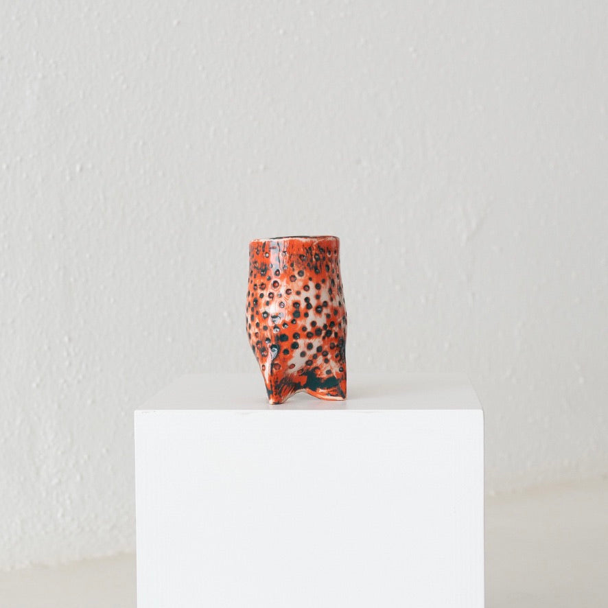 Jo Ann Williams Textured Small Footed Vessel: Orange + Pewter Green