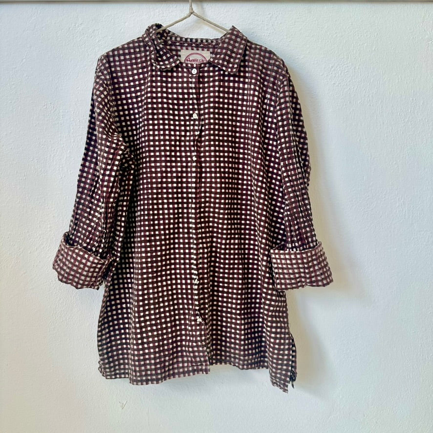 Auntie Oti Button Shirt: Brown + Maroon Gingham