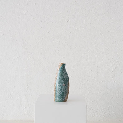Jo Ann Williams Flat Rabbit + Bird Transfer Bottle / Vase: Tan + Teal