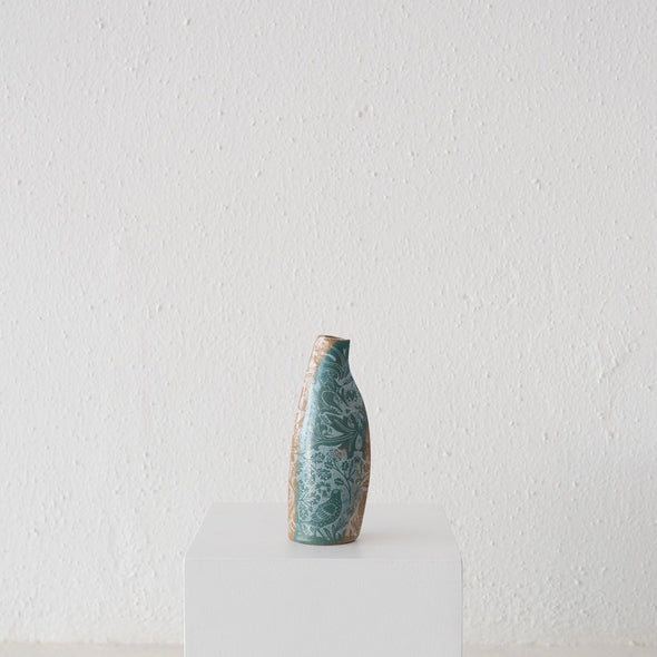 Jo Ann Williams Flat Rabbit + Bird Transfer Bottle / Vase: Tan + Teal