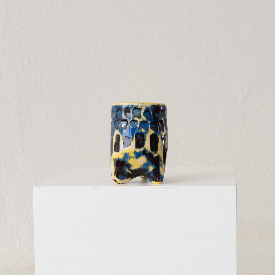 Jo Ann Williams Textured Small Footed Vessel: Cream + Black + Cobalt