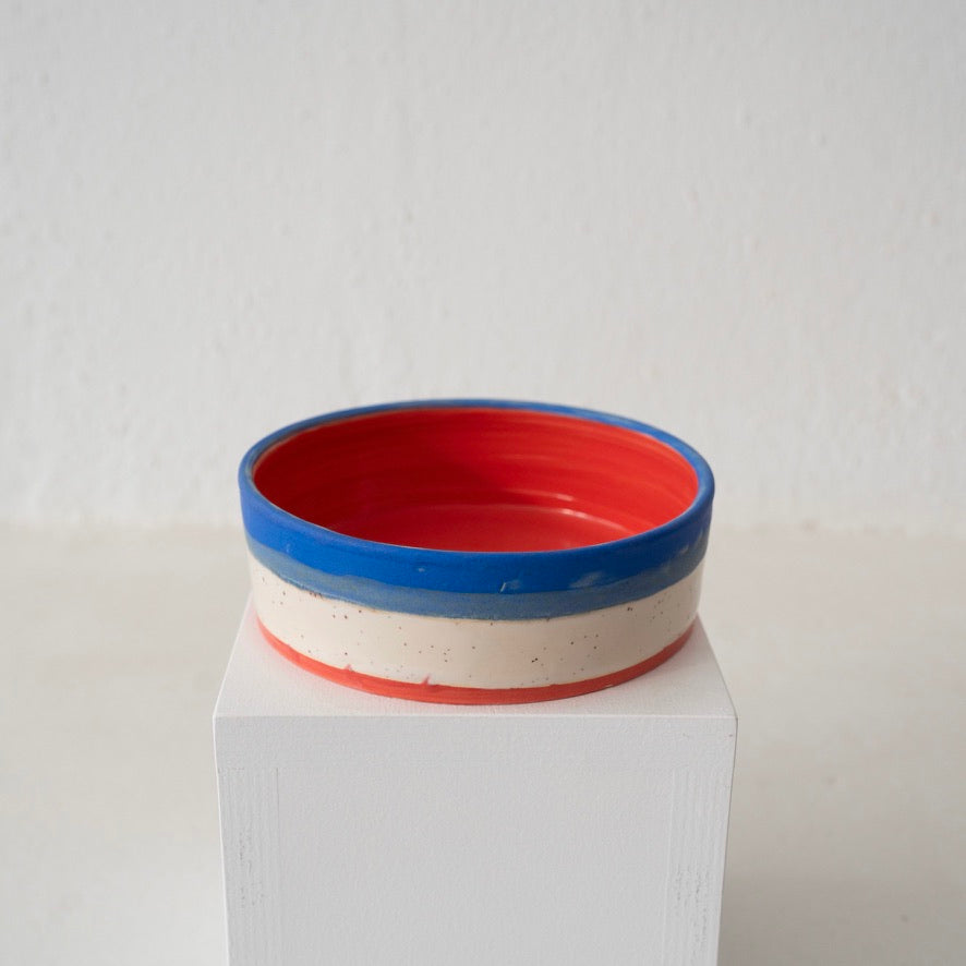 Jo Ann Williams Ceramic Dog Bowl - Red + Blue + Cream