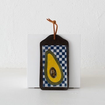 Jo Ann Williams Painted Ceramic Tray with Leather Tie: Avocado on Blue + White Checkerboard