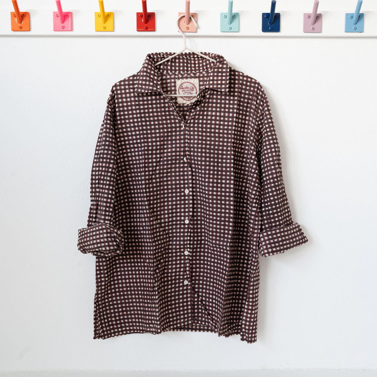 Auntie Oti Button Shirt: Brown + Maroon Gingham