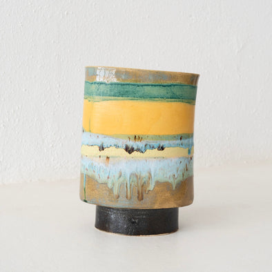 Jo Ann Williams Pedestal Vessel: Aqua, Yellow, Gold