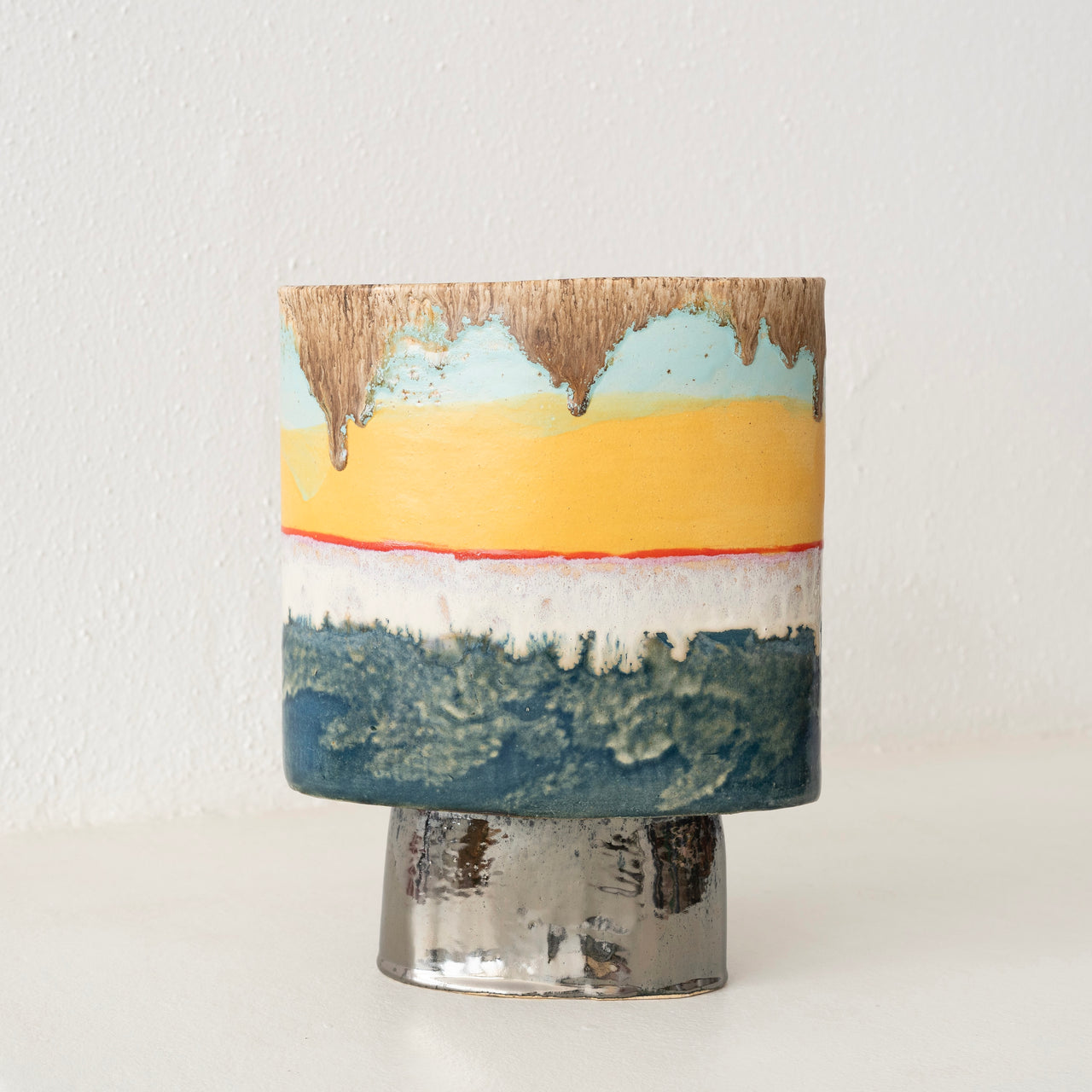 Jo Ann Williams Pedestal Vessel: Gunmetal, Teal, Yellow, Gold