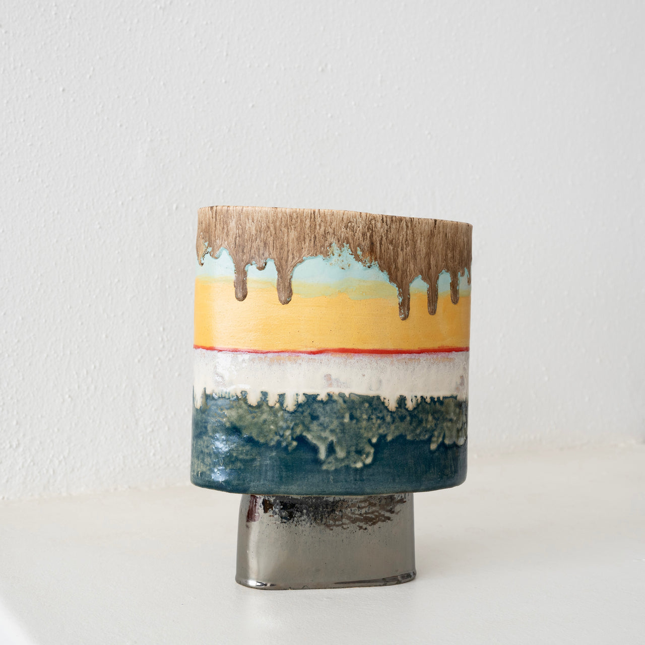 Jo Ann Williams Pedestal Vessel: Gunmetal, Teal, Yellow, Gold