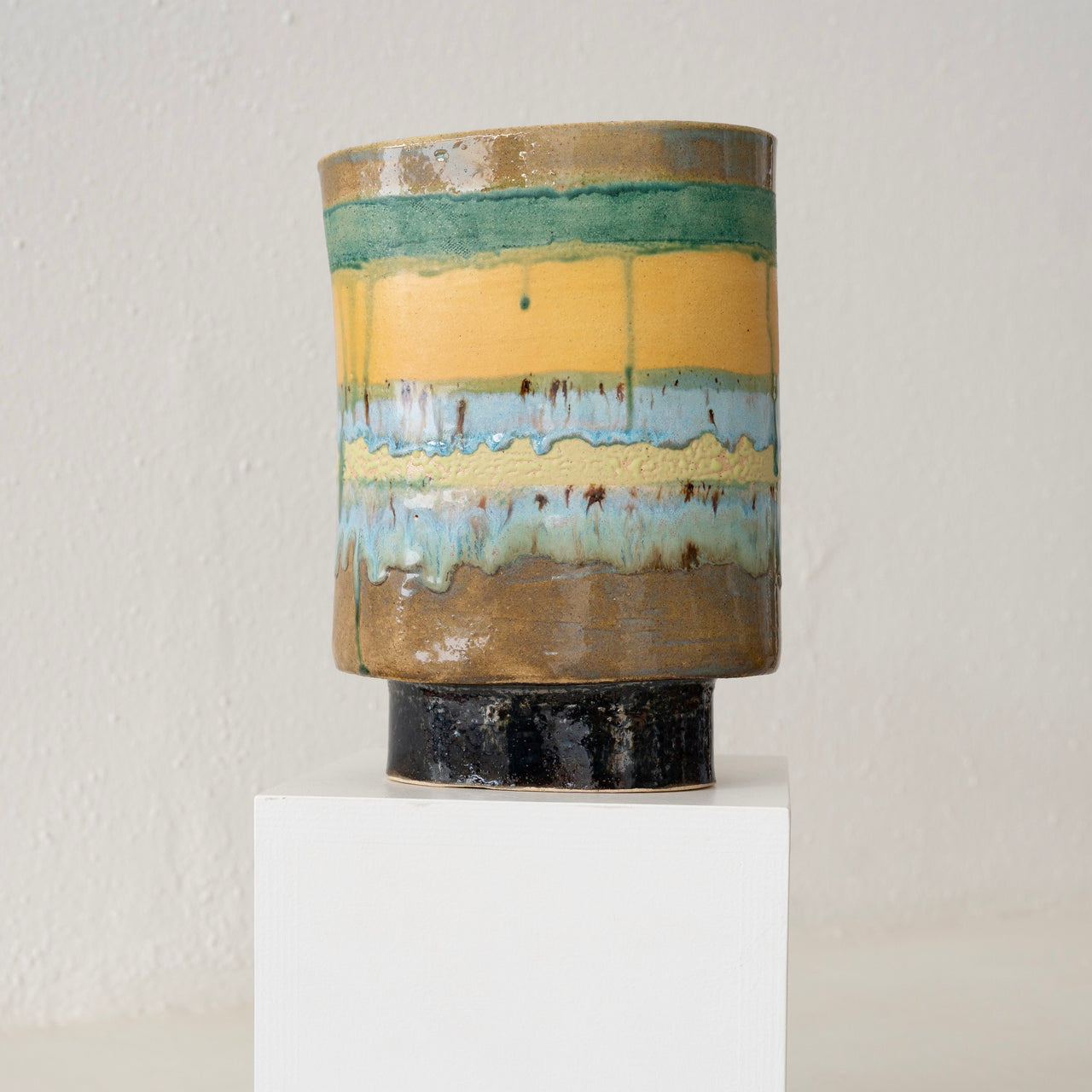 Jo Ann Williams Pedestal Vessel: Aqua, Yellow, Gold