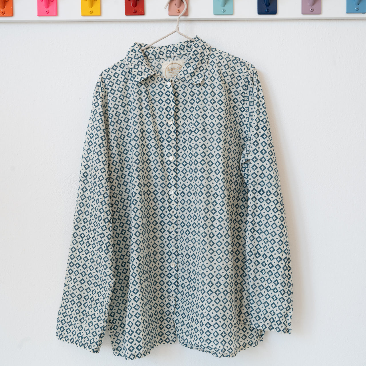 Auntie Oti Button Shirt: Blue Clover Diamond: Size 2