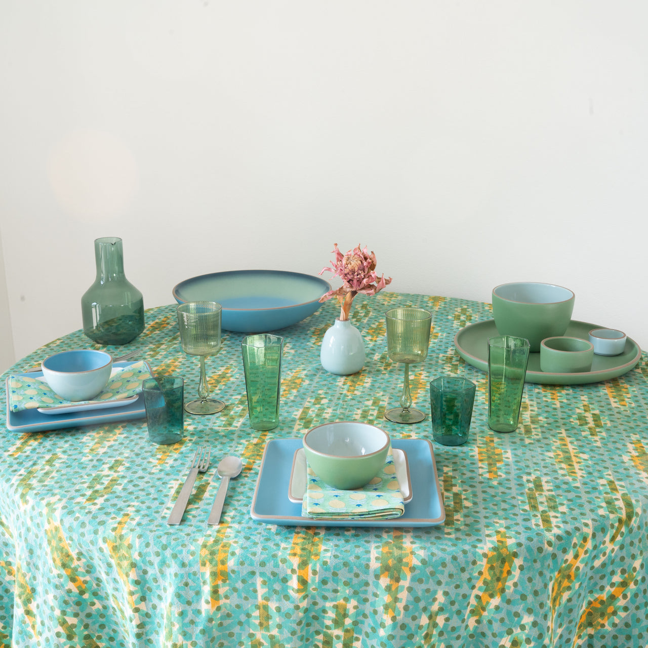 Gregory Parkinson Hand Block Printed Ikat Table Cloth: Pastoral Diamond Dot