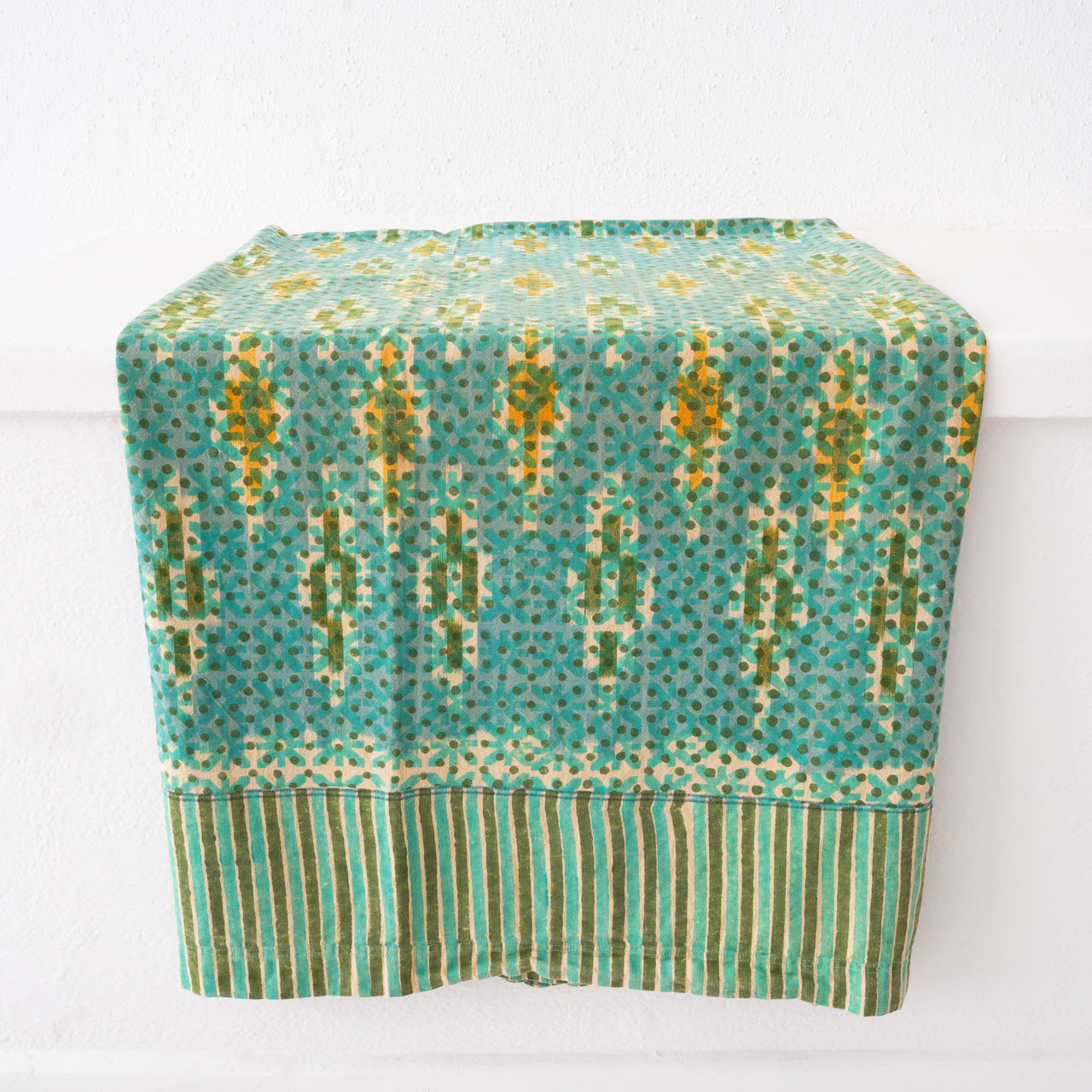 Gregory Parkinson Hand Block Printed Ikat Table Cloth: Pastoral Diamond Dot