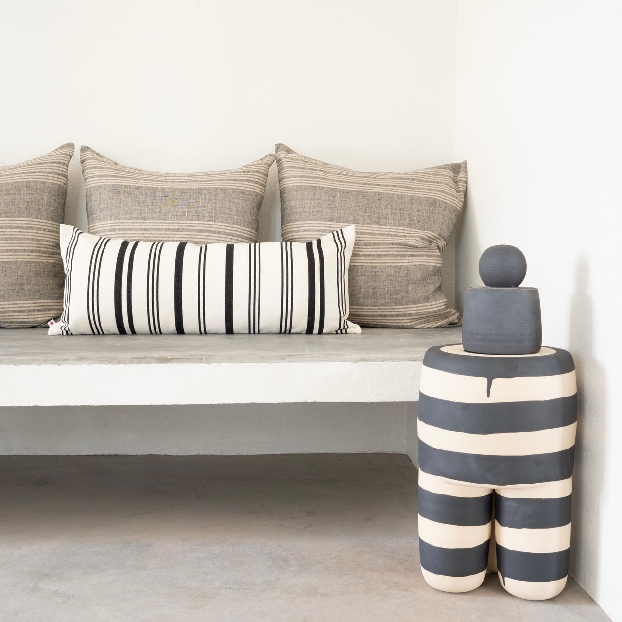 Garza Marfa Cotton Canvas 14" x 34" Bolster: Black + Cream Ticking Stripe