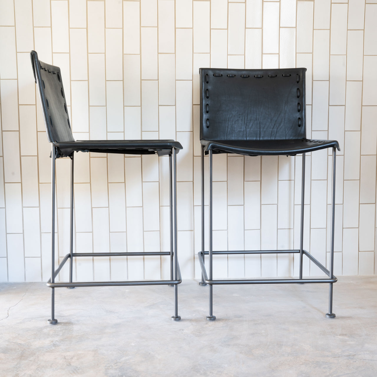 Garza Marfa Straight Leg Saddle Leather Counter Height Barstools: Black Leather / Natural Steel Base (2 Available)