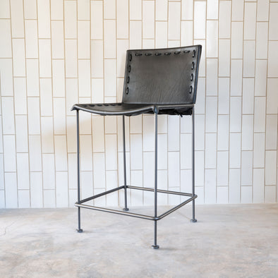 Garza Marfa Straight Leg Saddle Leather Counter Height Barstools: Black Leather / Natural Steel Base (2 Available)