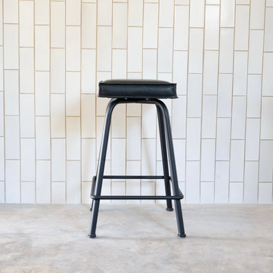 Garza Marfa Upholstered Saddle Leather Counter Height Barstool - Black Leather / Black Base (2 available)