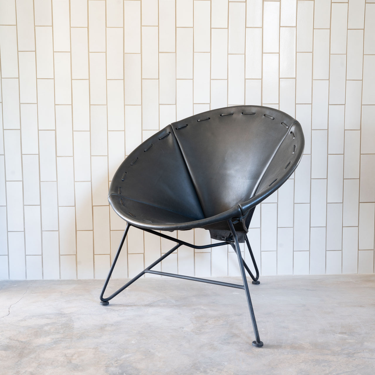 Garza Marfa Round Saddle Leather Chair: Black Leather / Satin Black Base (1 available)