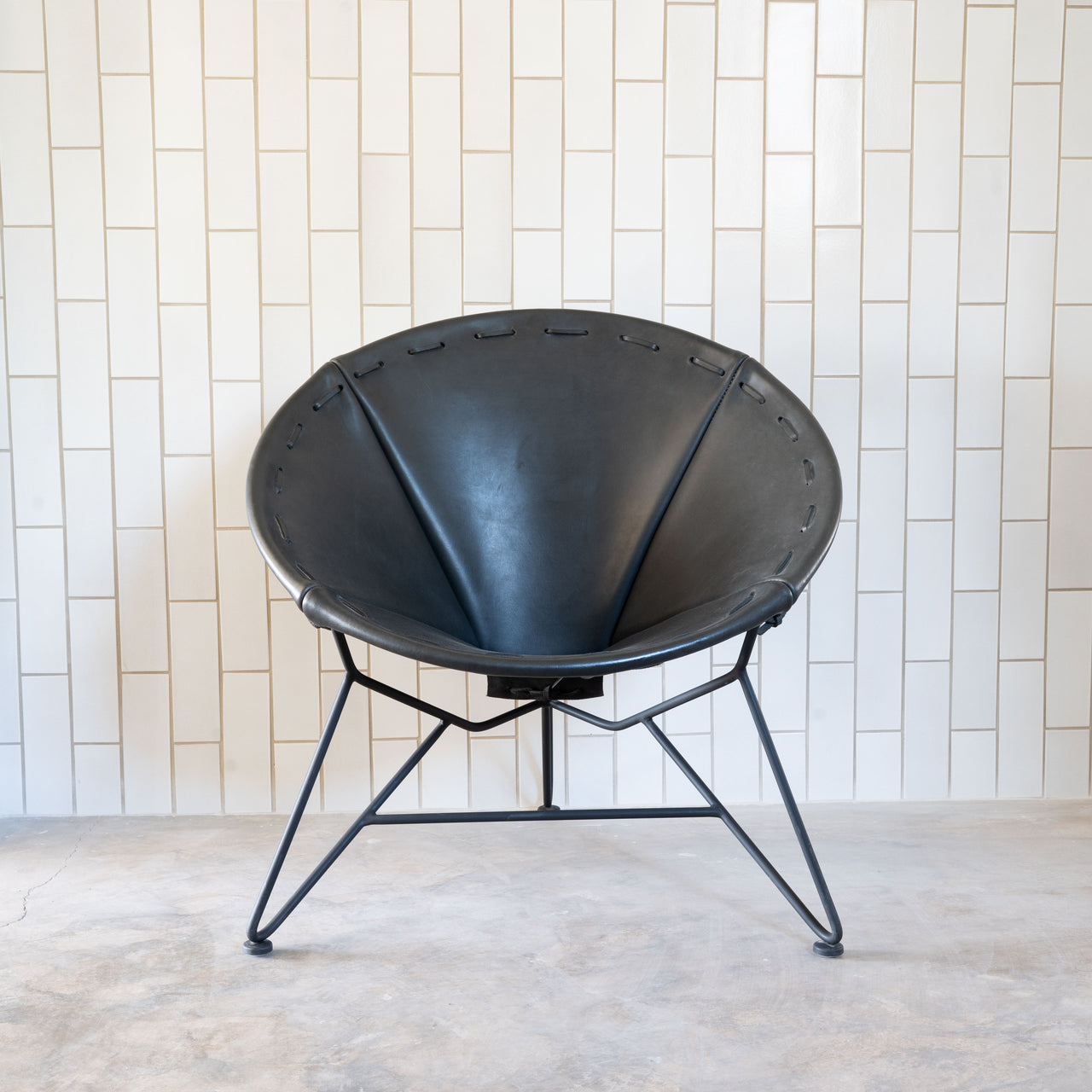 Garza Marfa Round Saddle Leather Chair: Black Leather / Satin Black Base (1 available)