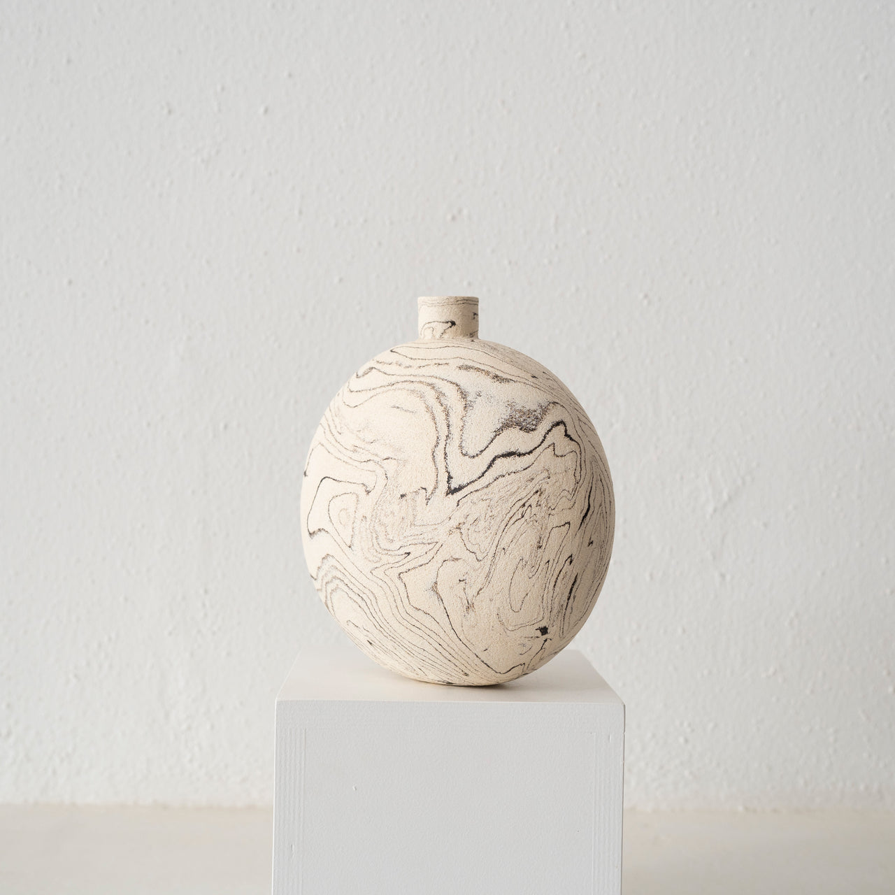 Cait Reas Large Round Vase: White + Black Marble Stoneware