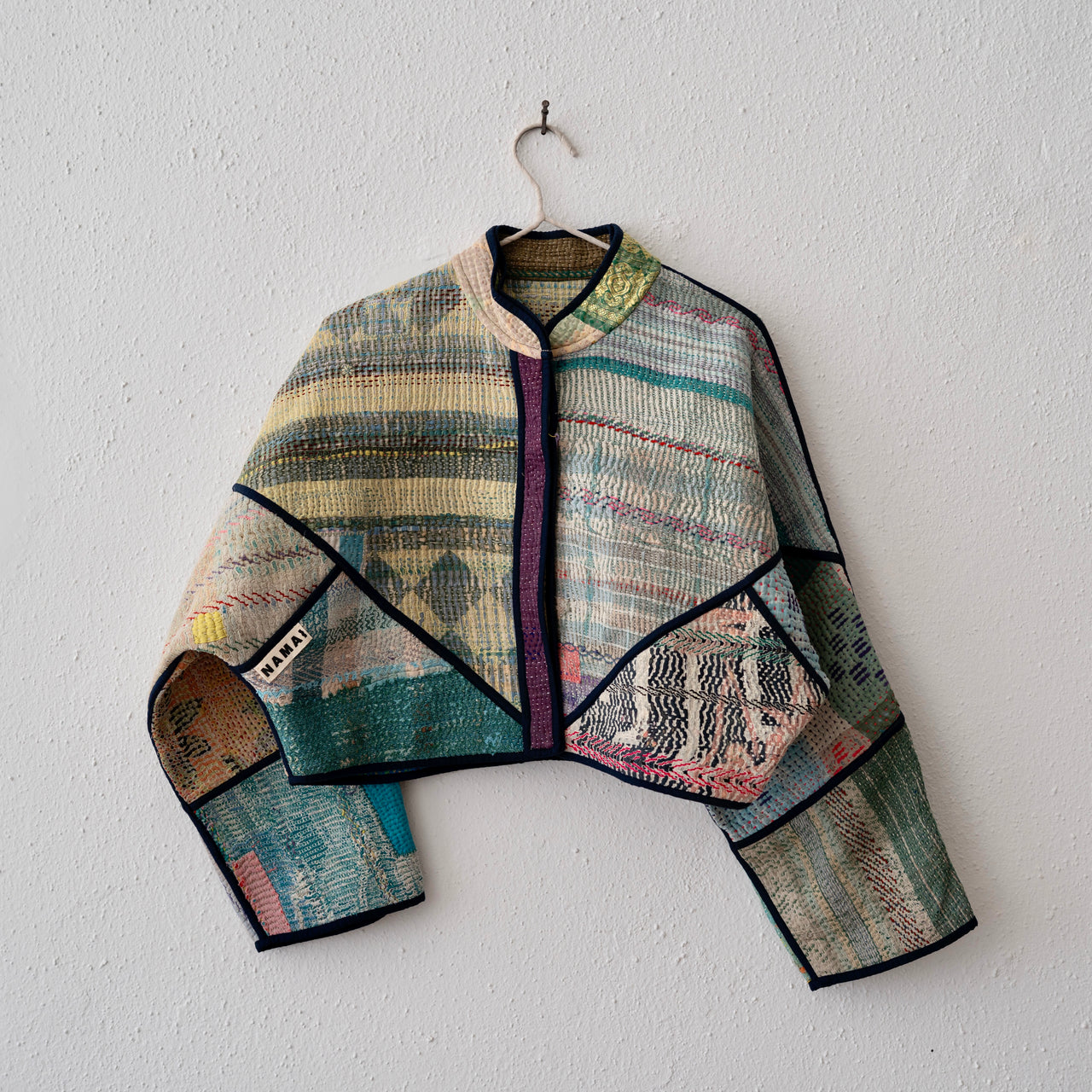 Namai Kaira Cropped Quilted Patchwork Kantha Jacket: Sky, Ivory, Teal