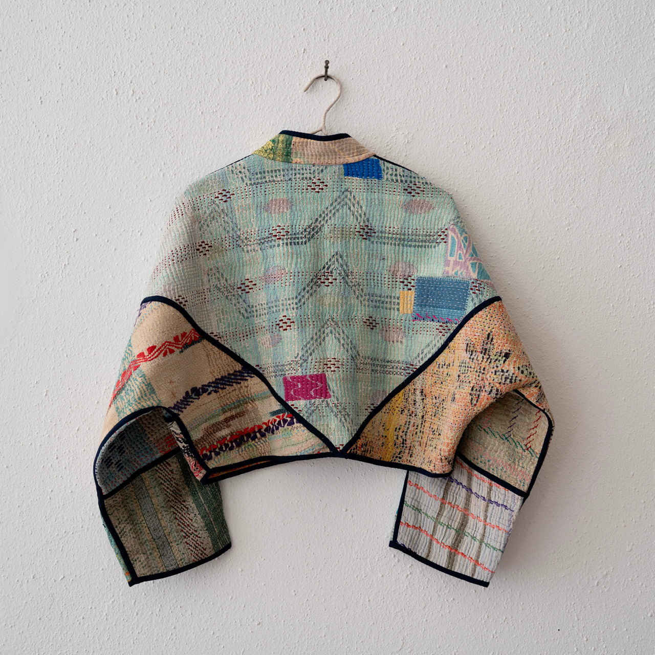 Namai Kaira Cropped Quilted Patchwork Kantha Jacket: Sky, Ivory, Teal