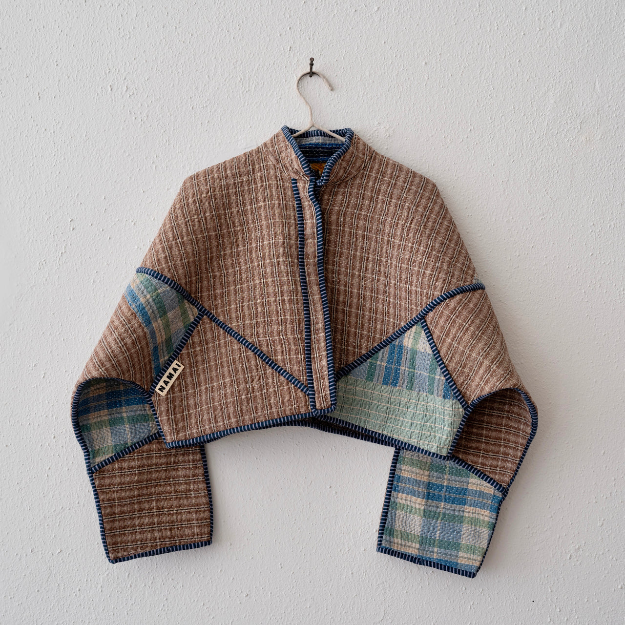 Namai Kaira Cropped Quilted Patchwork Kantha Jacket: Brown, Blue, Aqua