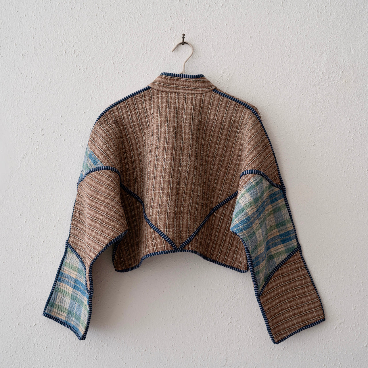 Namai Kaira Cropped Quilted Patchwork Kantha Jacket: Brown, Blue, Aqua