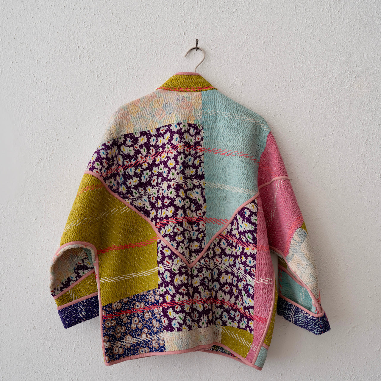 Namai Ladhiya Quilted Mix Match Kantha Jacket: Chartreuse, Sky, Purple Floral