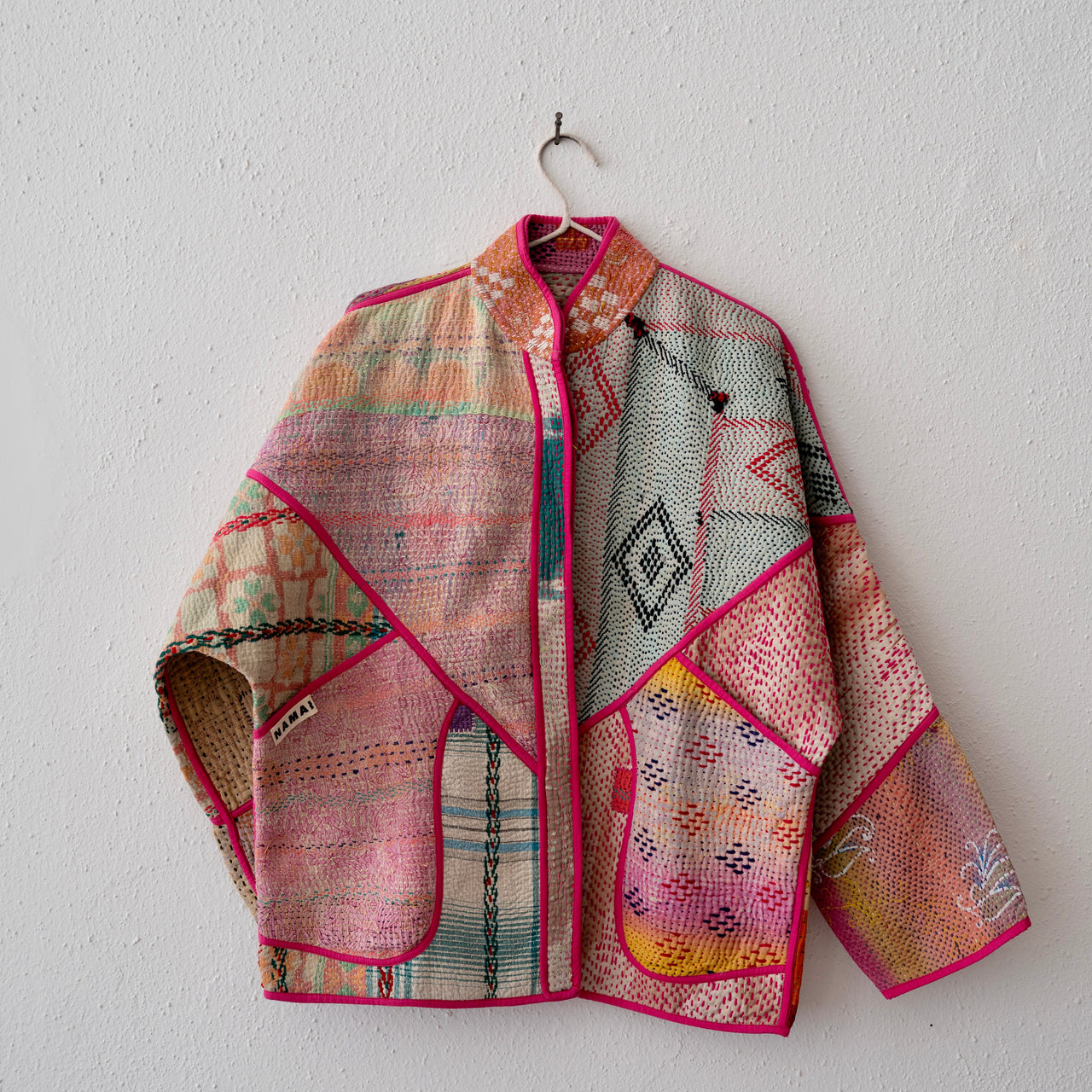 Namai Ladhiya Quilted Mix Match Kantha Jacket: Pink, Sky, Teal Diamond