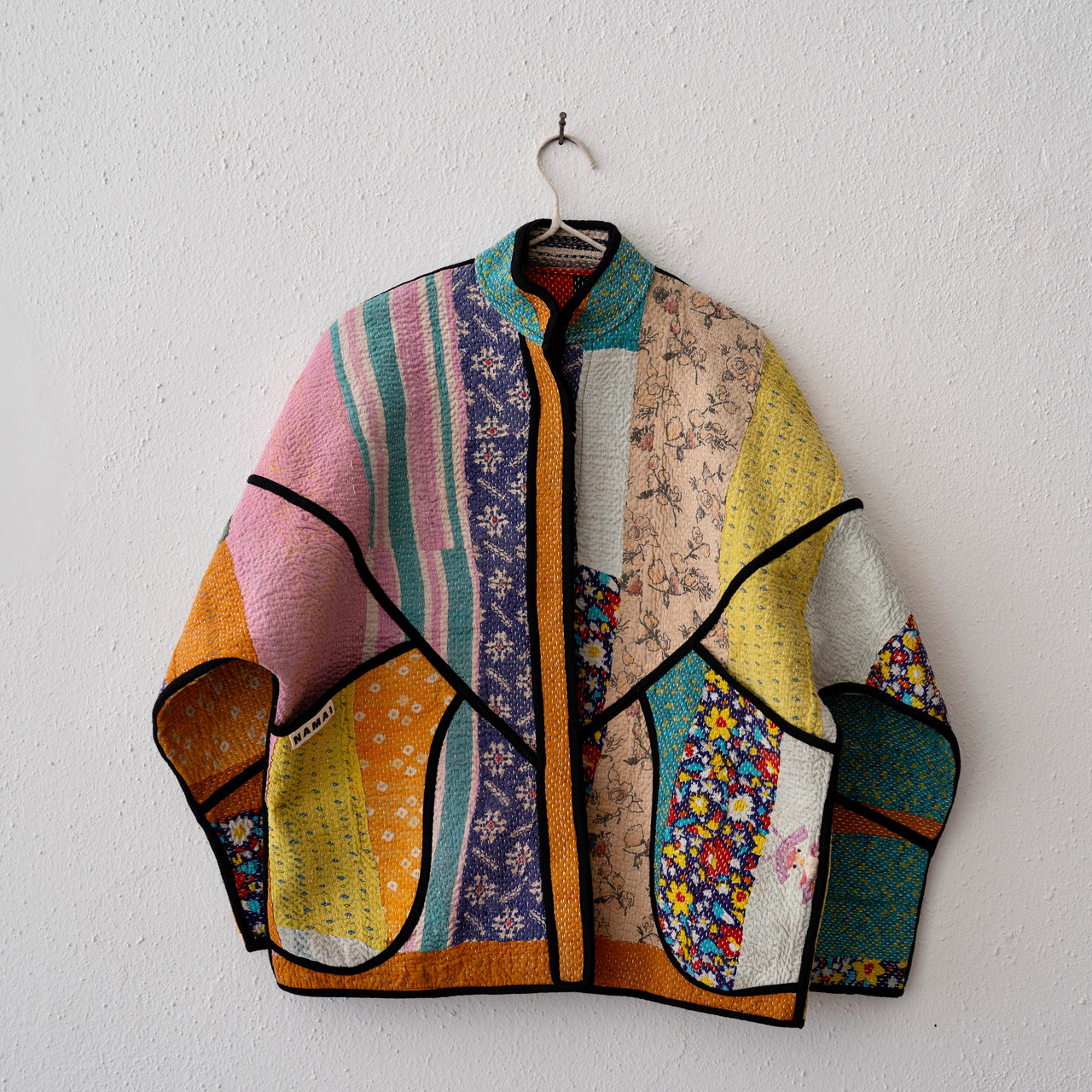 Namai Ladhiya Quilted Mix Match Kantha Jacket: Orange, Yellow, Pink