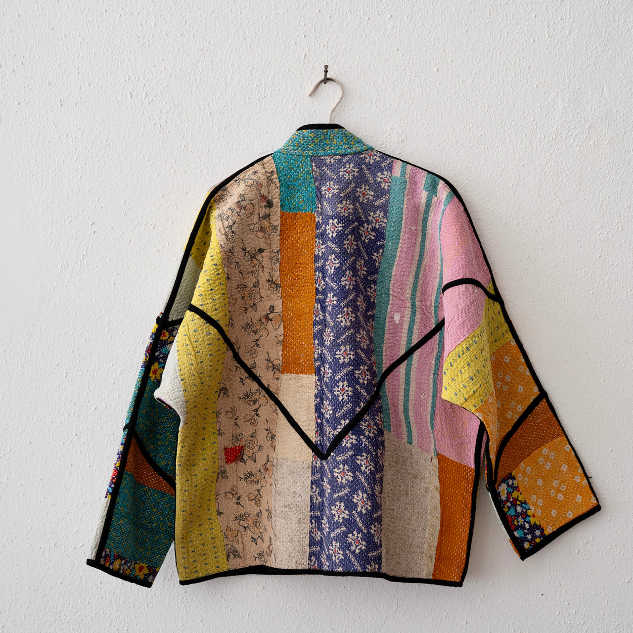 Namai Ladhiya Quilted Mix Match Kantha Jacket: Orange, Yellow, Pink