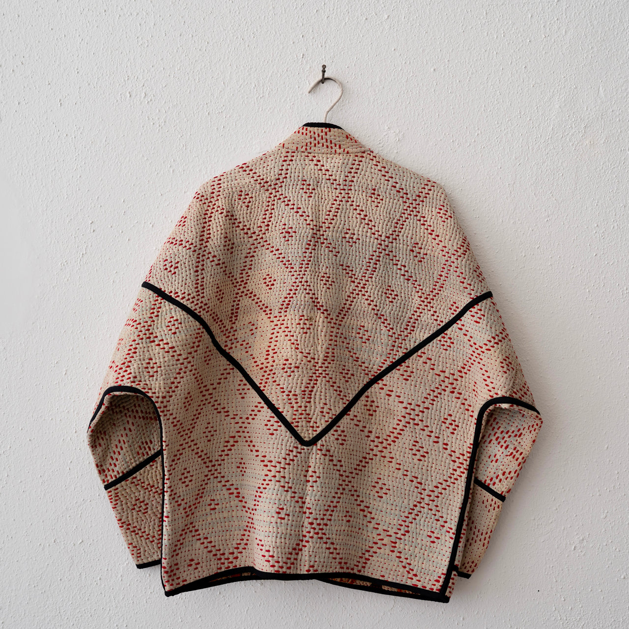 Namai Ladhiya Quilted Mix Match Kantha Jacket: Orange, Black, Tan