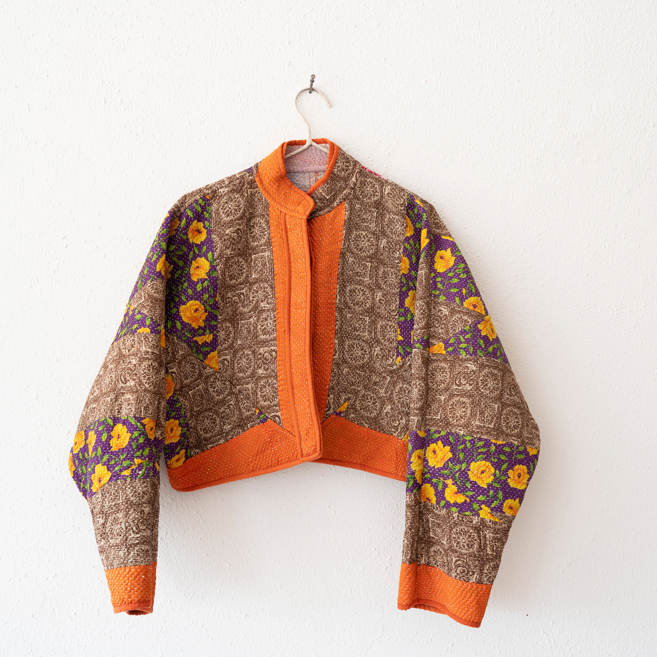 Namai Kaira Cropped Reversible Quilted Patchwork Kantha Jacket: Orange, Rose, Marigold