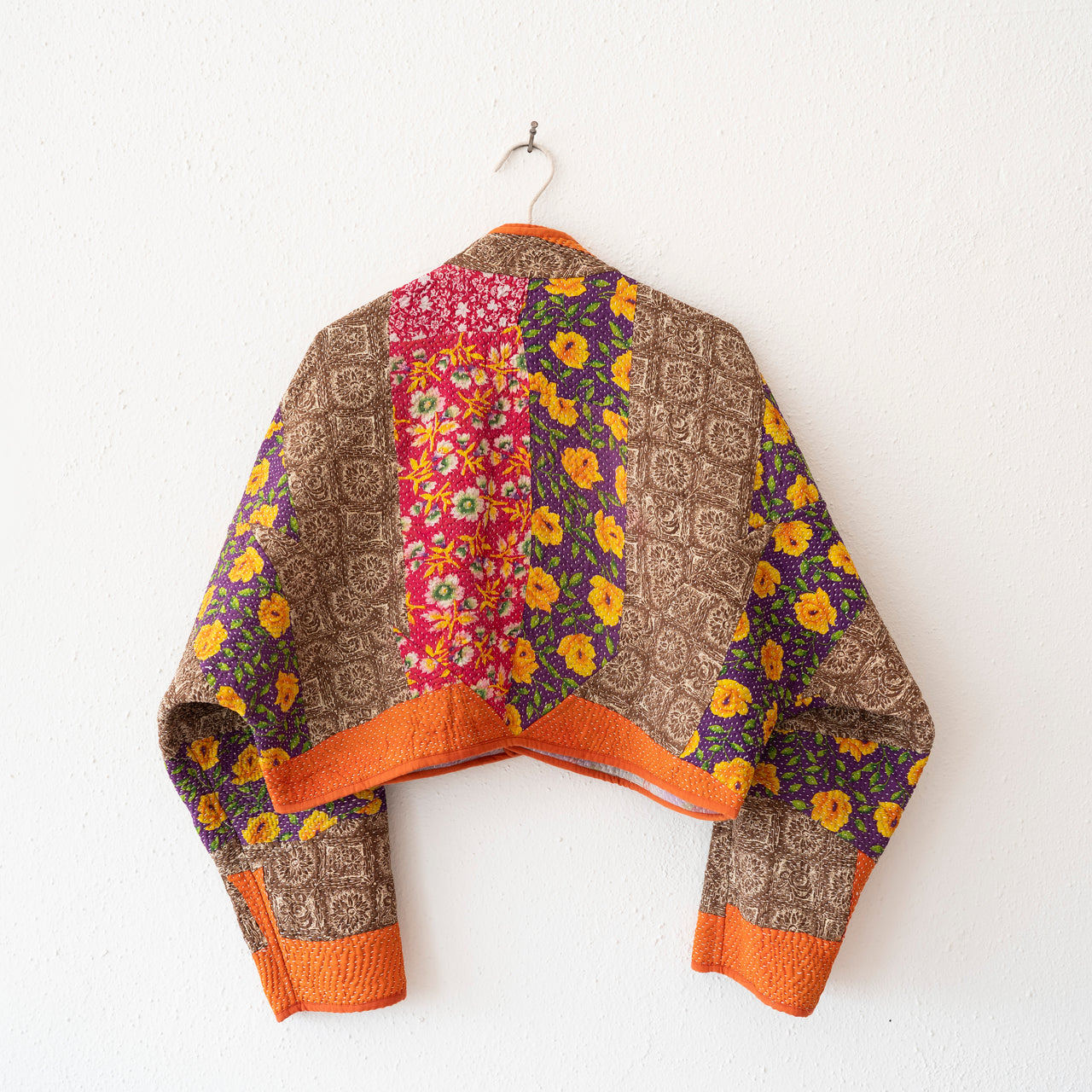 Namai Kaira Cropped Reversible Quilted Patchwork Kantha Jacket: Orange, Rose, Marigold