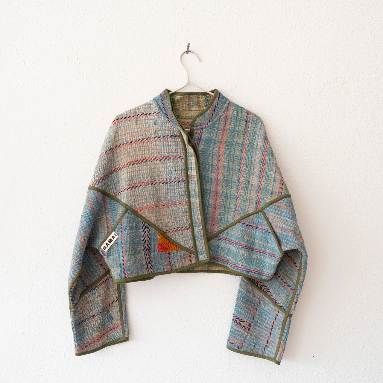 Namai Kaira Cropped Reversible Quilted Patchwork Kantha Jacket: Sky, Olive