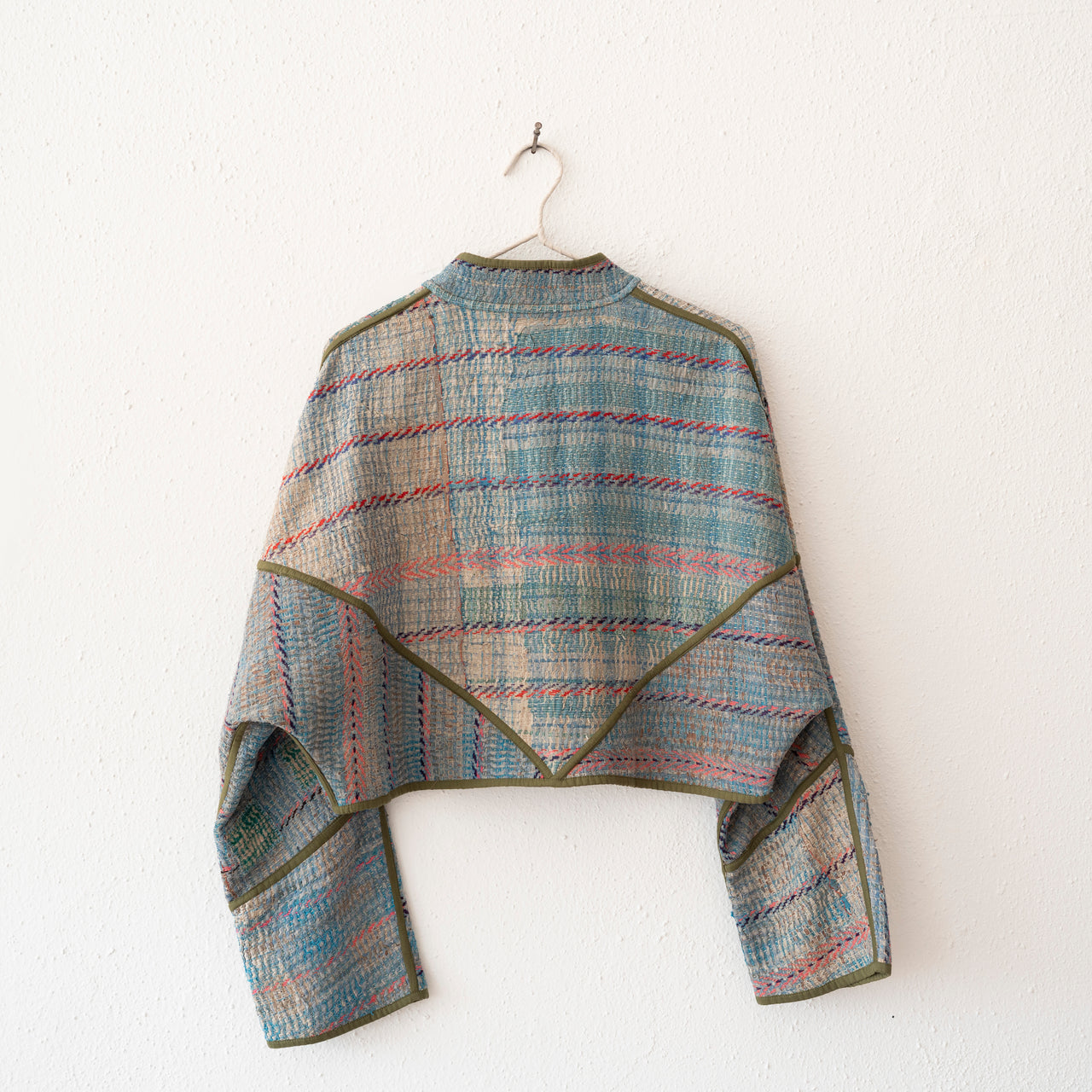 Namai Kaira Cropped Reversible Quilted Patchwork Kantha Jacket: Sky, Olive