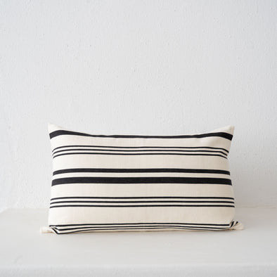 Garza Marfa Black + Cream Large Ticking Stripe Cotton Pillow 16"x 26": Horizontal