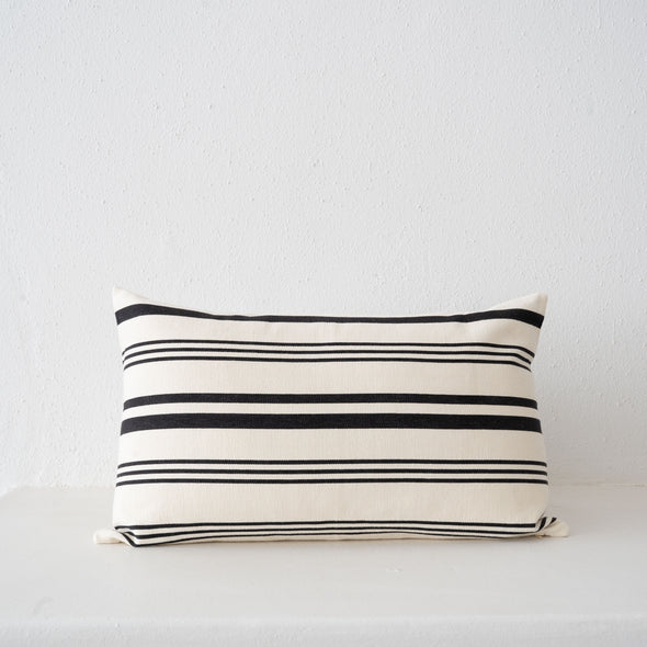 Garza Marfa Black + Cream Large Ticking Stripe Cotton Pillow 16"x 26": Horizontal