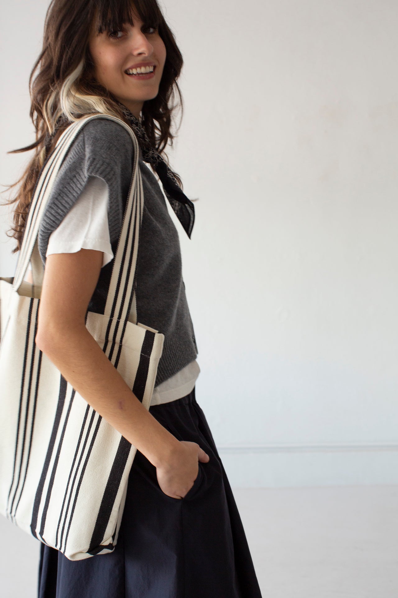 Garza Marfa Cotton Canvas Tote: Black + Cream Large Ticking