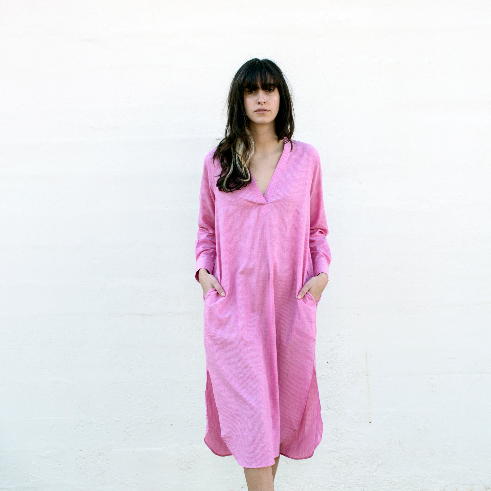 Khadi Tunic Dress - Rose + Orange Sheer Pin Stripe Khadi Tunic Dress - Rose + Orange Sheer Pin Stripe