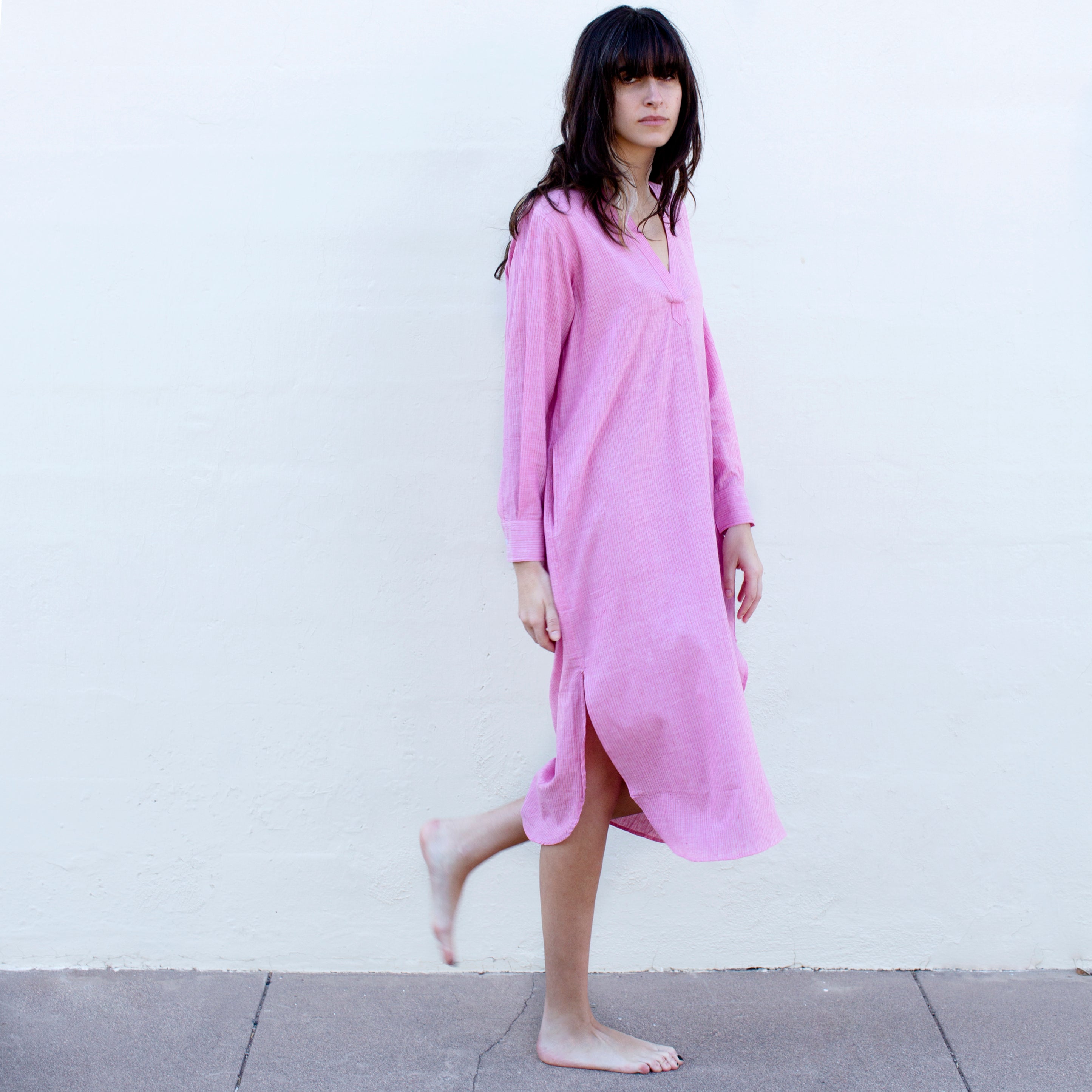 Khadi Tunic Dress - Rose + Orange Sheer Pin Stripe