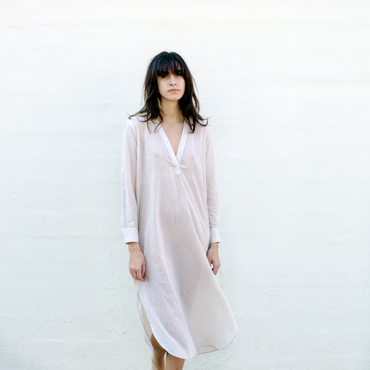 Khadi Tunic Dress - Tan + Cream Sheer Stripe