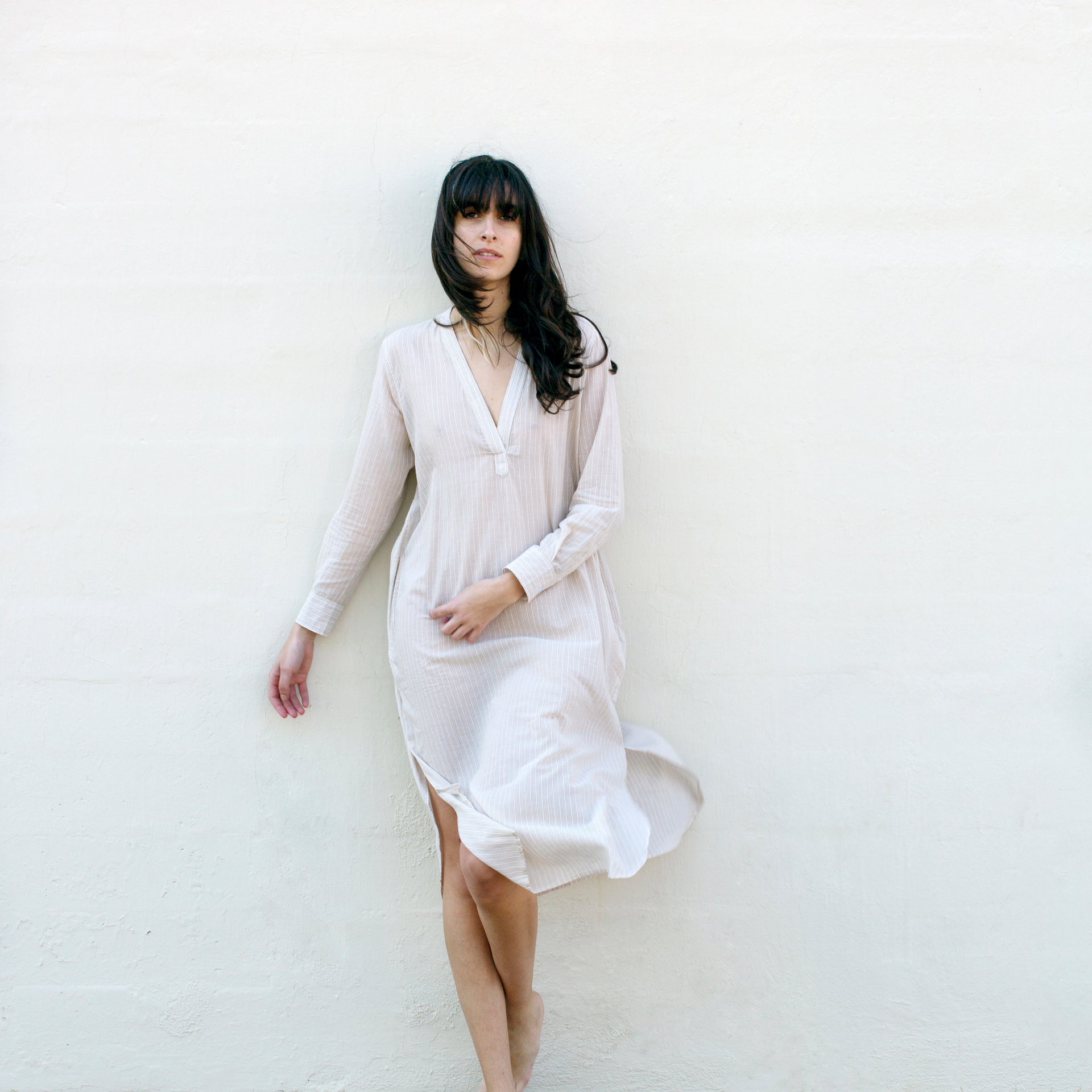 Khadi Tunic Dress - Tan + Cream Sheer Stripe Khadi Tunic Dress - Tan + Cream Sheer Stripe